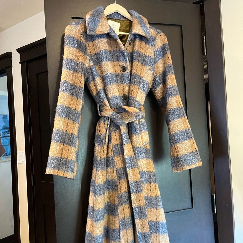 Urban Outfitters small petite beige and blue wool coat with belt. Never worn